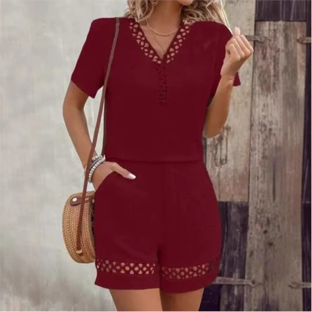 Fashion Lace V Neck Spliced Short Sleeve Womens Suit Casual Loose Home Wear Female Beach Vacation Shorts 2 Piece Set 260306