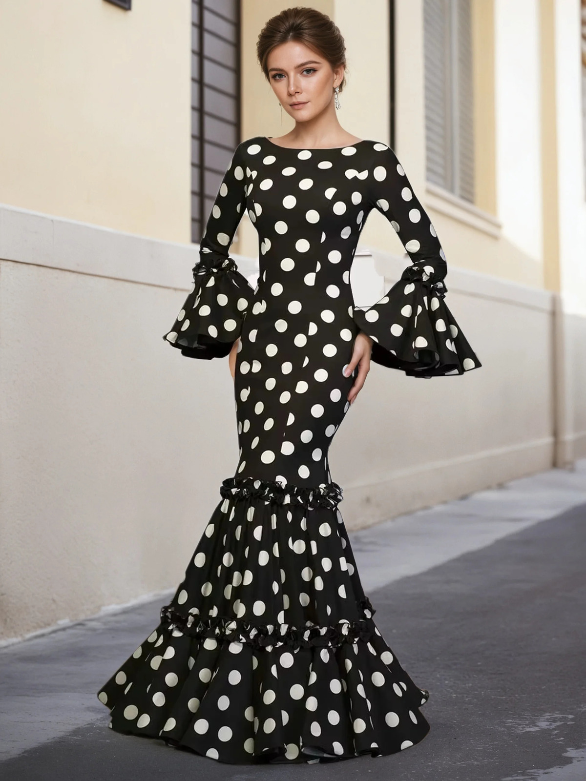 Elegant Party Long Dress Women Polka Dot Printed Ruffle Hem Sundress Bohemian Casual O-neck Flare Sleeve Slim Maxi Robe 260304