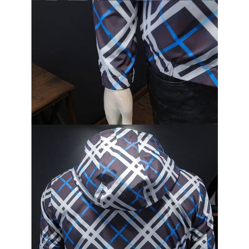 Minglu Spring Autumn Hooded Plaid Printed Mens Jackets Luxury Sport Casual Long Sleeve Male Coats Man Overcoat Plus Size 5XL