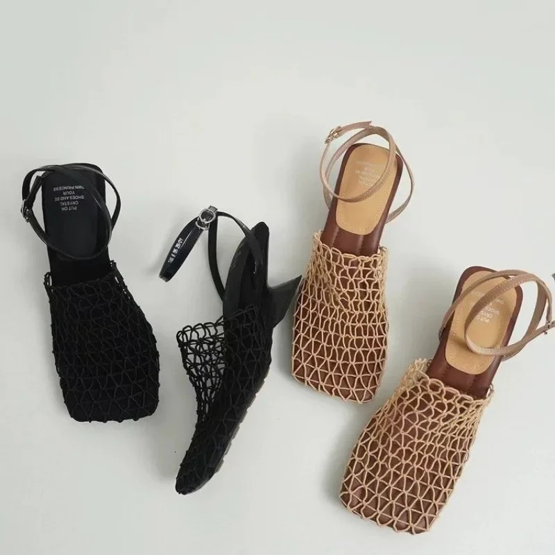 Summer Sandals Womens Lace Mesh Square Toe Shallow Narrow Strap Braided Slip-on High Heels Sandals 260306