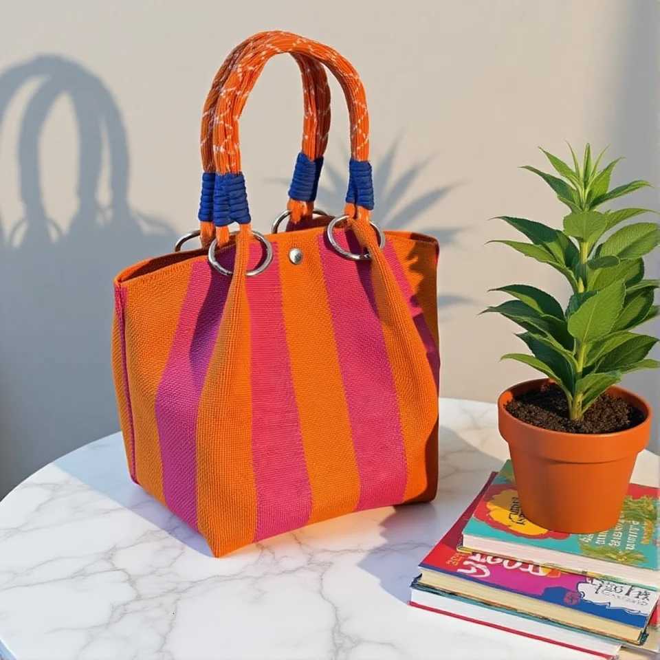 Metal Ring Handbag Fashionable WomenS Bucket Bag Knit Tote Bag Spacious Color Block Handbag For Leisure Travel Daily Commuting H260306