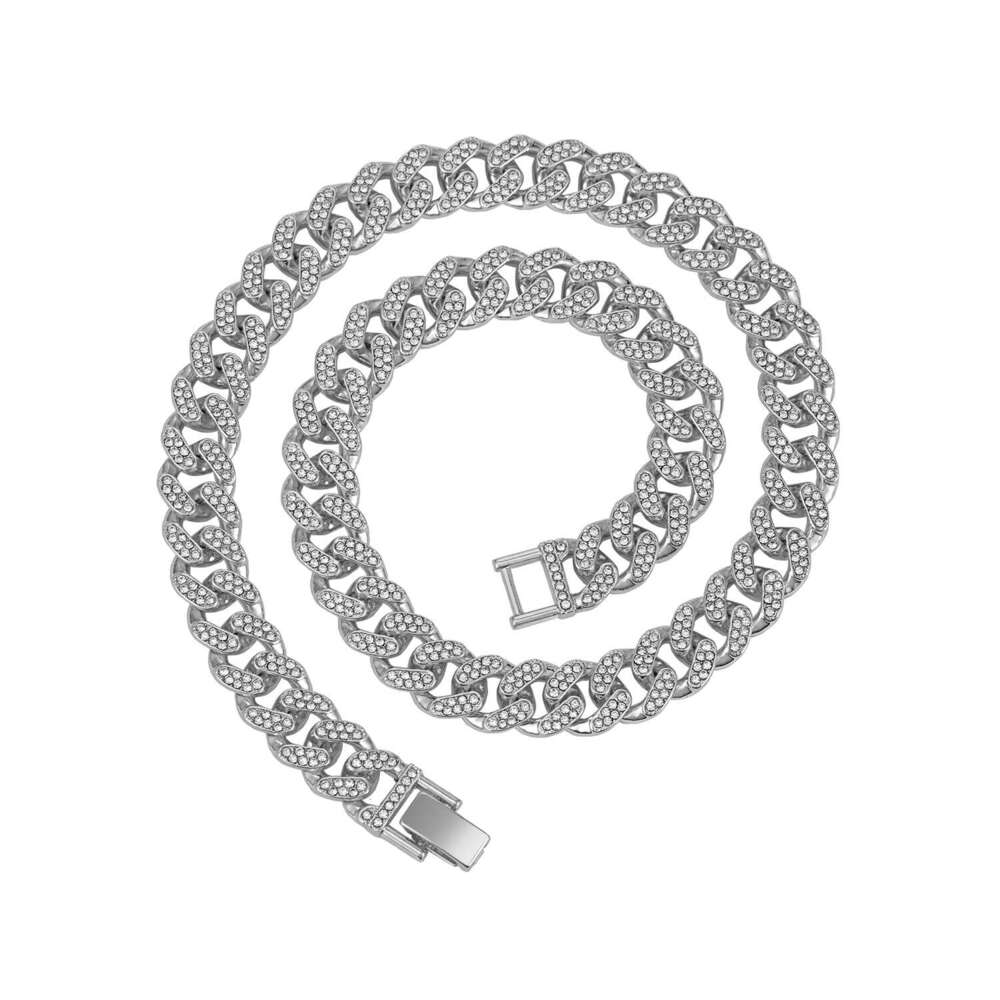 13mm Watch Buckle Full Diamond Cuban Necklace Rhinestones High-Quality Electroplating Cross-Border Men and Women Hip-Hop Jewelry Wholesale
