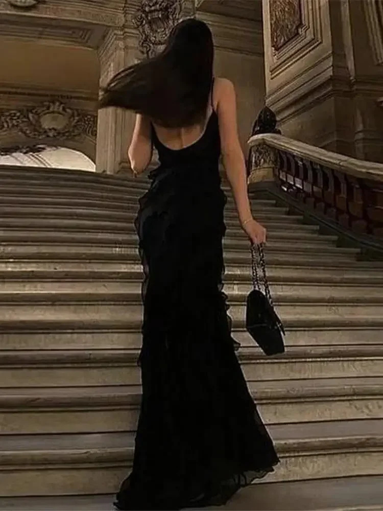 Women Black Stacked Ruffle Hem Long Dress sexy Sleeveless Backless Chiffon VNeck Dresses Lady Vacation Vestidos 260306