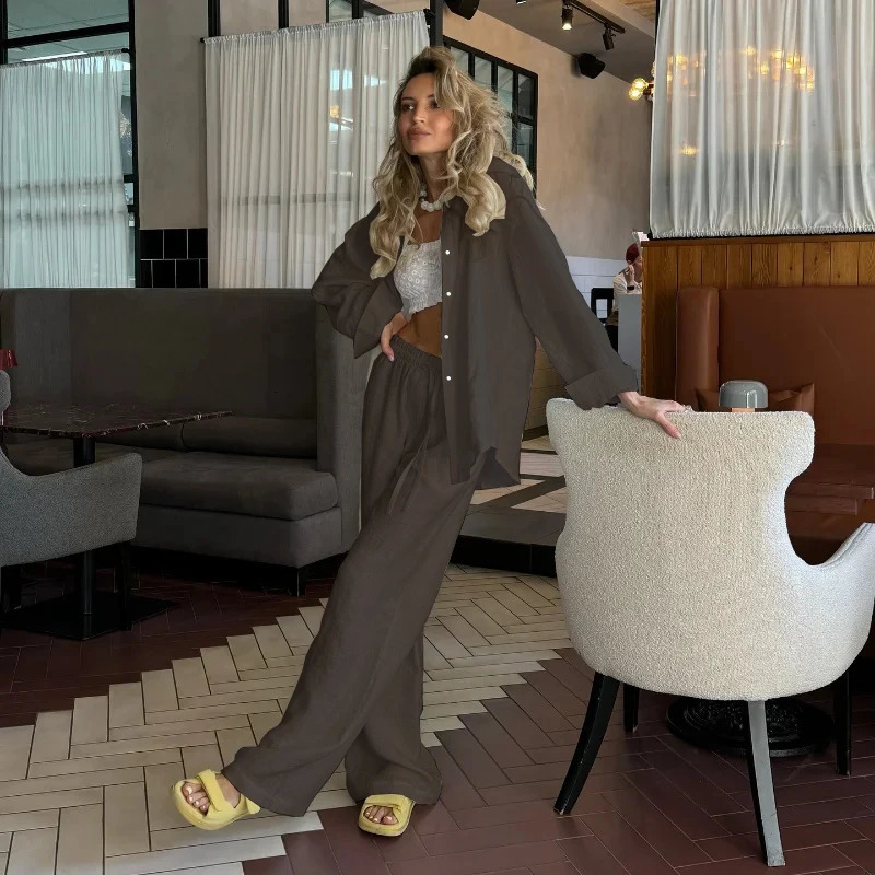 Women Casual Cozy Lapel Pink Shirt Pants Suits Fashion Single Breasted Blouses Elastic Waist Pant Set Spring Loose Outfits 260306