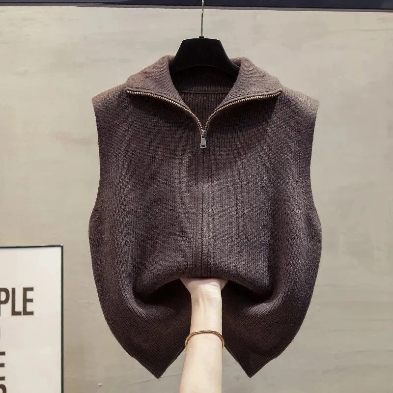 Double Zipper Vest Women Sweater Autumn Sleeveless Stand Collar Solid Color Outside The Western Style Female 260306