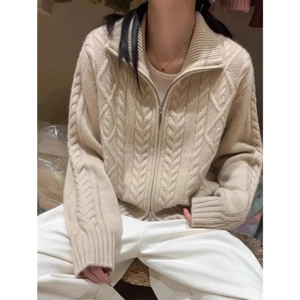 100shmere cardigan for women high neck loose and soft sweater for autumn and winter wool knitted sweater thickened coat 260305