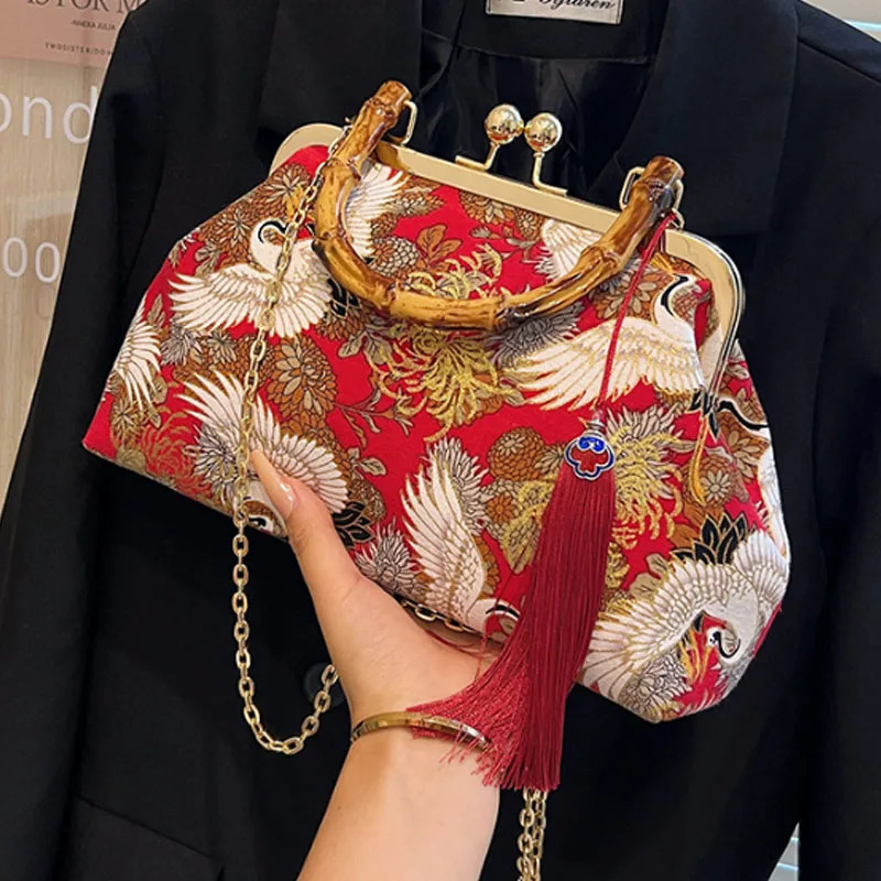 Fashion Chinese Cheongsam Red Women Handbag Casual Shoulder Bag Crossbody Evening Clutch Clips Female Phone Purse 260307