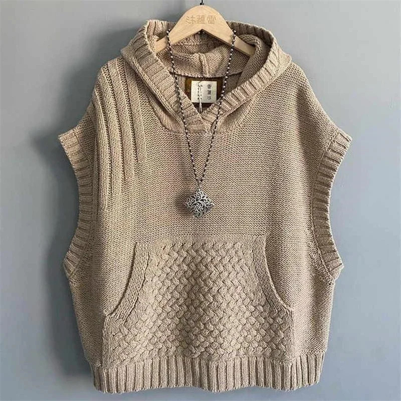 Autumn Winter Sleeveless Age Reduction Ladies knitted Sweater Vest Jacket Hooded Leisure Solid Color Womens Waistcoat Top 260306