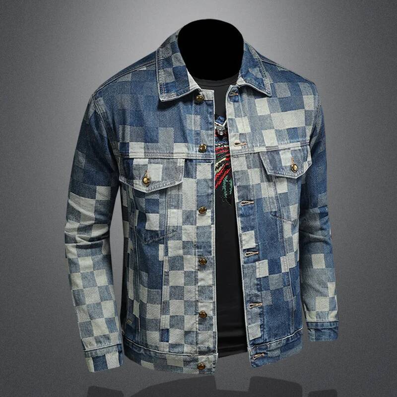 2025 Autumn Vintage Checkered Denim for Men Flip Collar Single Breasted Casual Business Jacket Social Street Wear Jeans
