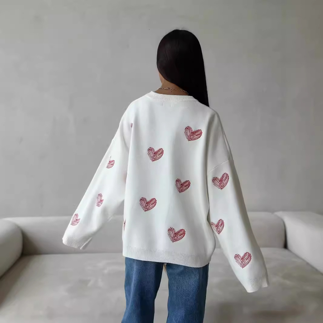 Early Autumn Lazy Style Draped Round Neck Long Sleeve Womens Sweater Heart Pattern Knitted Base Shirt Autumn Women 240904