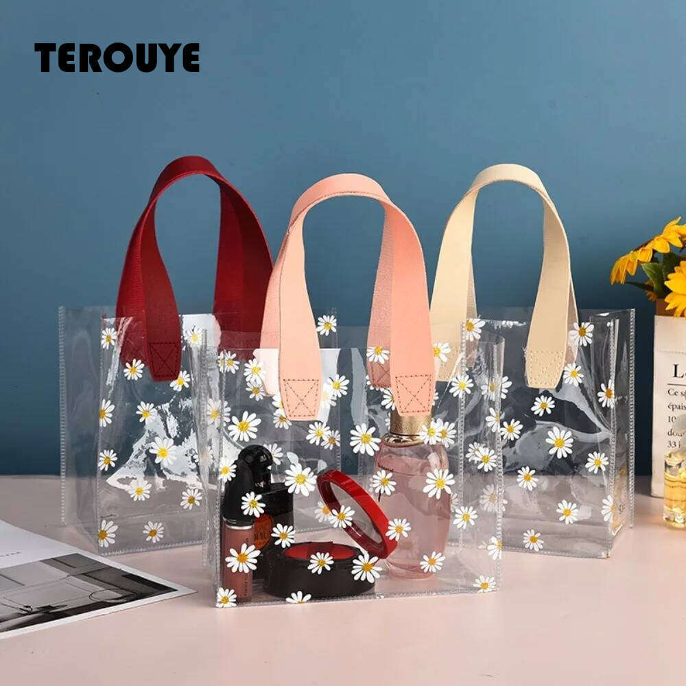 High Quality PVC Clear Tote Little Daisy Waterproof Storage Handle Gift Bag Transparent Shopping Bags TEROUYE