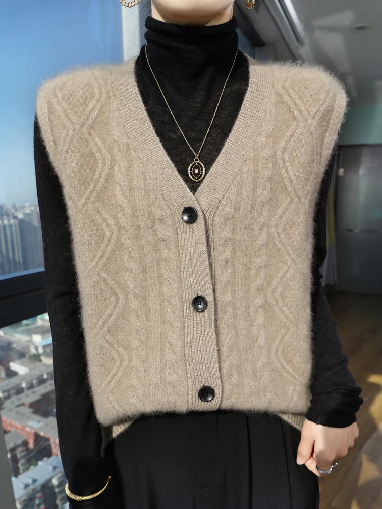 ANGEL Women Vneck Cashmere Vest Sleeveless Cardigan 100 Merino Wool Sweater Autumn Winter Thick Twist Flower Casual Waistcoat 260306