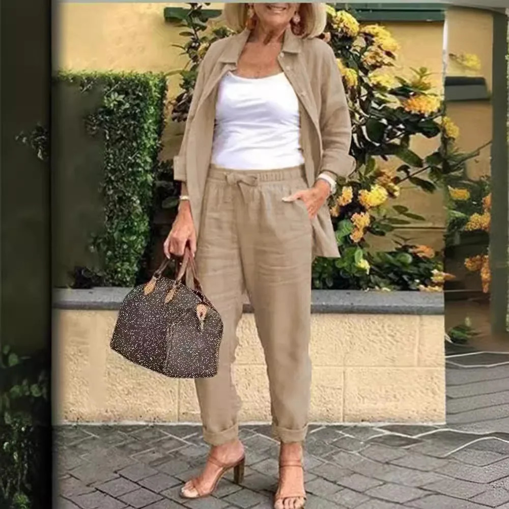 Cotton Linen Set Women Spring Summer Loose Oversize Long Sleeve Shirt Long Pants 2 Piece Sets Casual Office Ladies Trousers Suit 260304