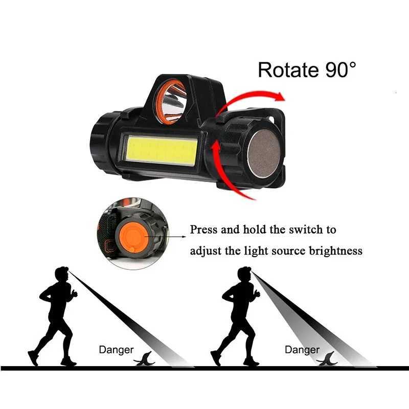 Super Bright LED Headlamp Rechargeable Waterproof Flashlight With XPE COB Beads And Tail Magnet Dual Light Sources Work Light H260307