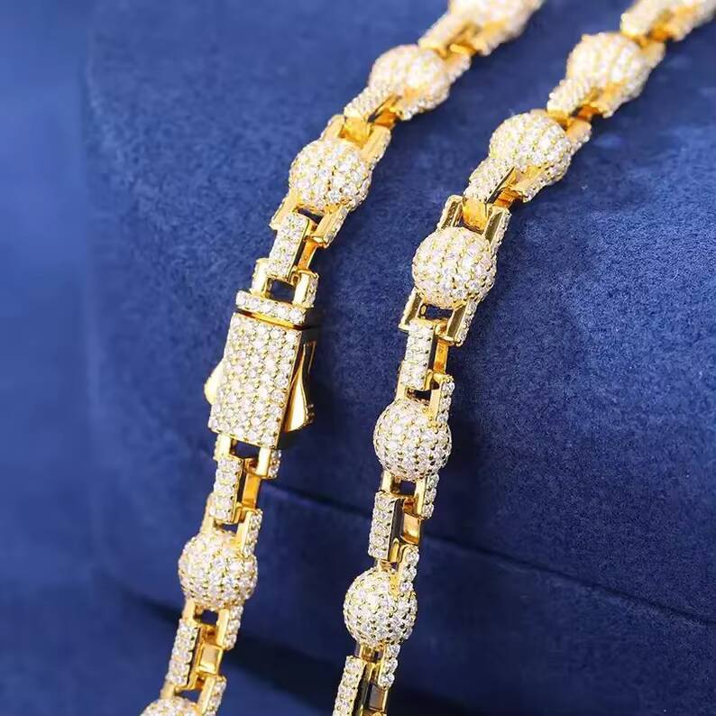 Luxury hip hop moissanite round bead link chain for men gold iced fashion jewellery modern stylish statement necklace design
