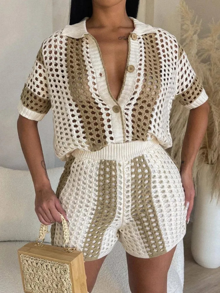 Womens Two Pieces Set Knit Ribbed Crochet Patchwork Outfits Short Sleeve Shirt Sweater Suit Outfit Tracksuit 260306