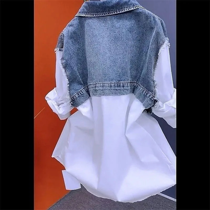 Splicing Denim Jacket Women Spring Autumn Korean Fashion Denim Shirt Ladies Tops Casual Jean Coat Female Windbreaker 260306