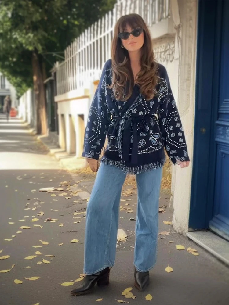 Tassel Patchwork Printed Cardigan Women Fashion V-neck Long Sleeve Loose Outerwears Lady Autumn Daily Commute Street Cardigans 260305