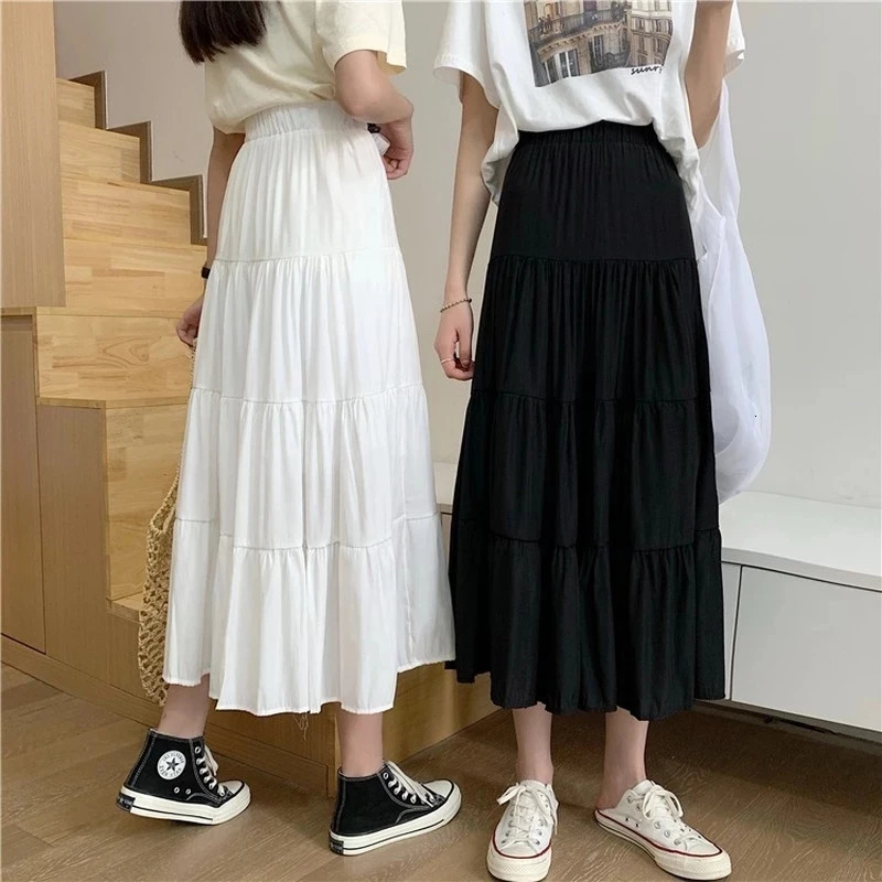 Spring Summer Women Chiffon Skirts Vintage High Waist Elastic Patchwork White Black Chic Long Cake A-line Skirt for Student 260228
