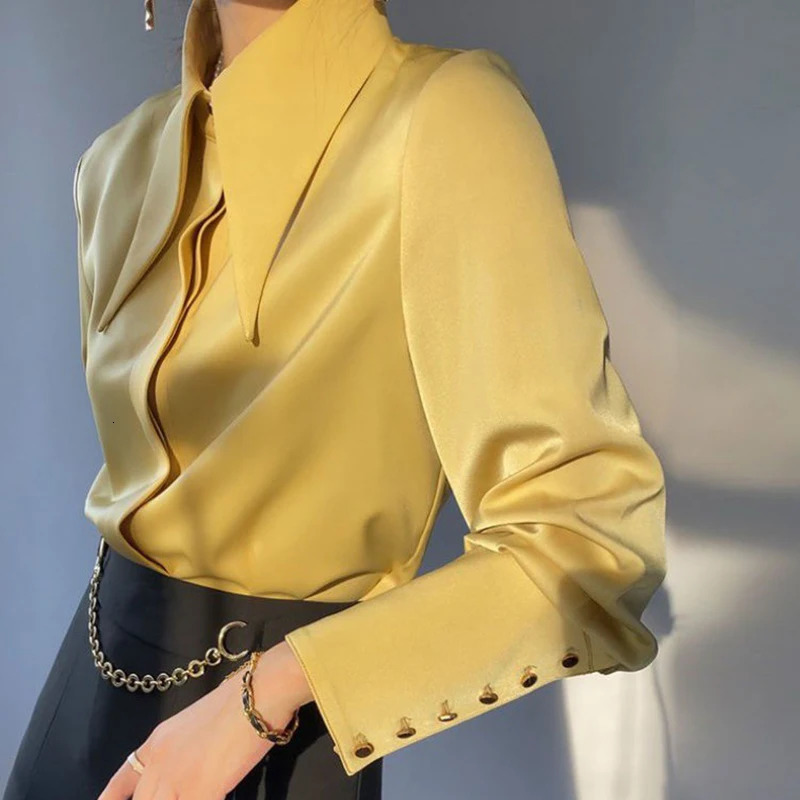 Fashion Vintage Satin Silk Shirt Women Elegant Turn Down Collar Blouse White Long Sleeve Ladies Shirts Tops Blusas 169 260228