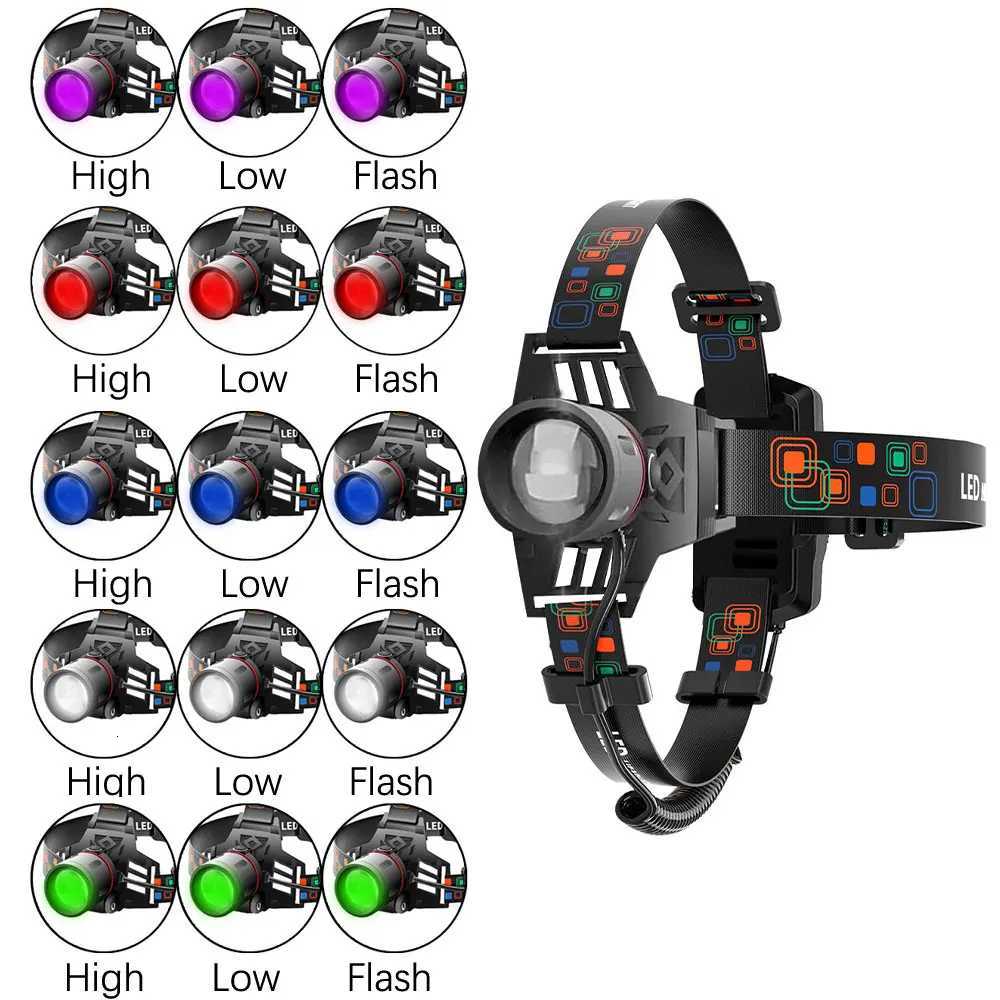 LED Headlamp 3 Modes Zoomable Headlight USB 18650 Head Torch Fishing Light White Red Blue Green 395nm UV Hunting Flashlight Lamp H260307