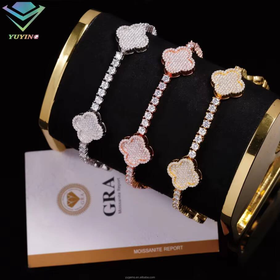 Clover Bracelet S925 Silver Moissanite Hip Hop Jewelry Cuban Iced Out Bracelet 3mm 4mm Moissanite Four Leaf Clover Bracelet