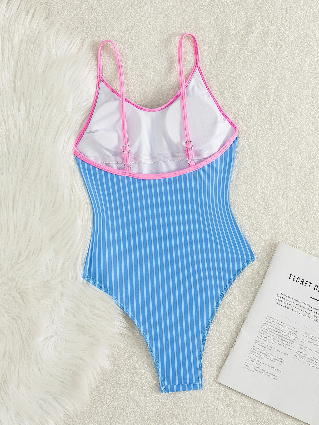 Womens Blue Striped OnePiece Swimsuit Contrast Pink Trim V Neck Spaghetti Strap High Cut Bathing Suit for Beach Pool Vacation 260306