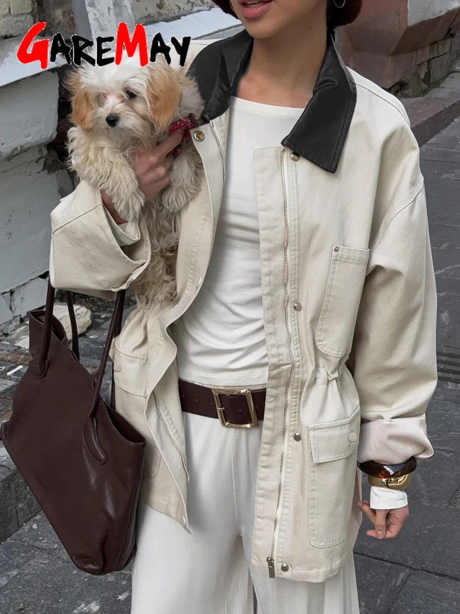 Womens Demi-season Jacket with Zipper Cotton Oversize Classic PU Leathercollar Vintage Autumn Jackets for Women 260306