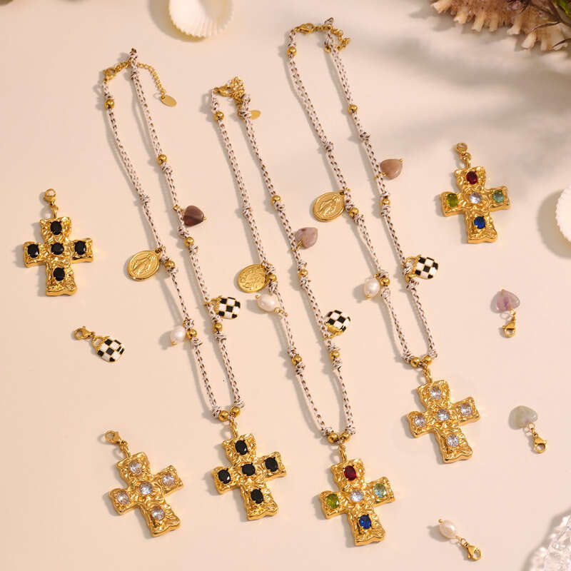 Women's Vintage Bohemian Necklace: Stainless Steel Cross Pendant Multi-accessory Freshwater Pearl Natural Stone Long Necklace Layered Unisex Part