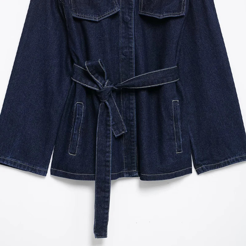 Willshela Women Fashion With Belt Denim Blue Single Breasted Jackets Vintage Lapel Neck Long Sleeves Female Chic Lady Outfits 260306