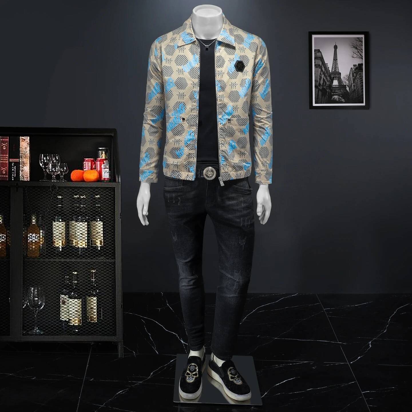 New High Quality Handsome Fashion Trend Business Elastic Cargo Lapel Jacket Korean Men's Casual Print Coat