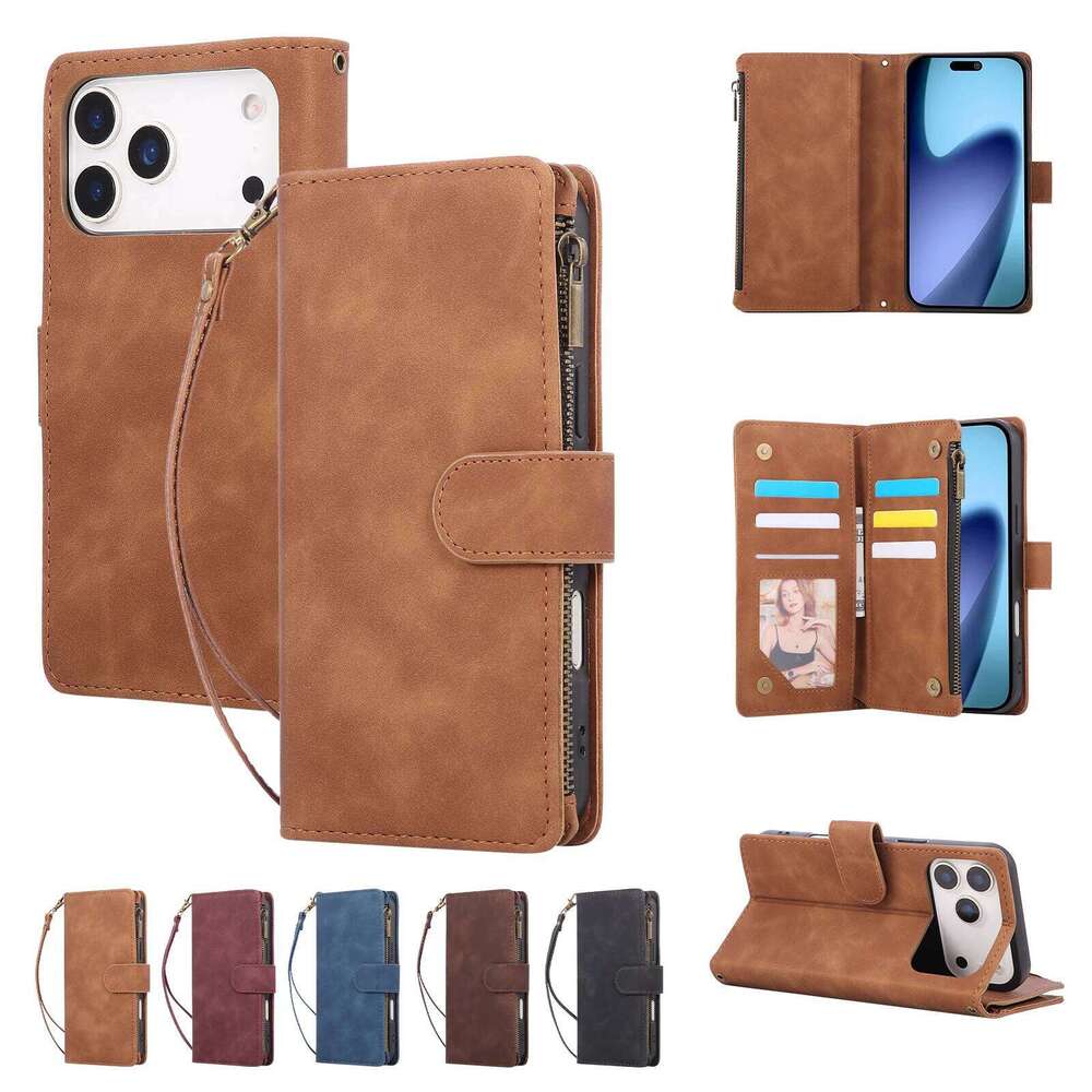 Zipper Cards Solt Leather Case For iPhone Air 17 16 15 14 13 12 11 Pro Max XS XR 16E 8 Plus SE Wallet Bag kickstand Cover H260305