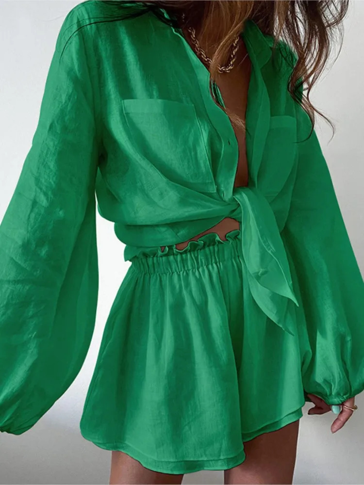 Summer Womens Casual Fashion Solid Color Sexy Lace Up Vneck Ruffle Edge Long Sleeved Shorts With Pocket Shirt Set 260306