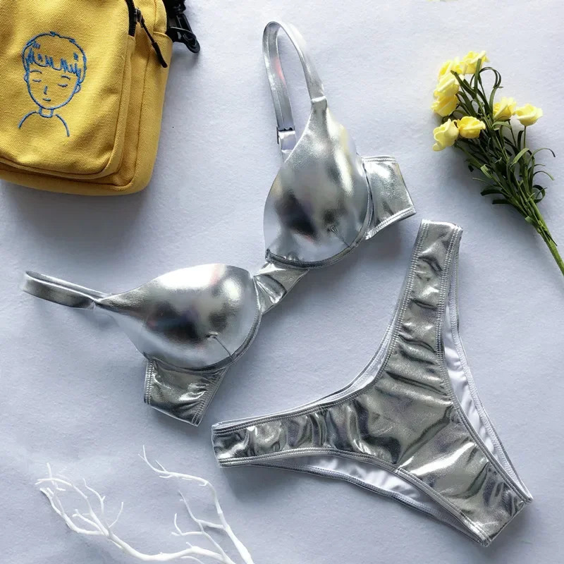 Metallic Summer Push Up Padded Bra Bathing Suit Beach Wear Women Sexy Thong Bikini Set Silver Gold Drop Biquini Swimwear 260306