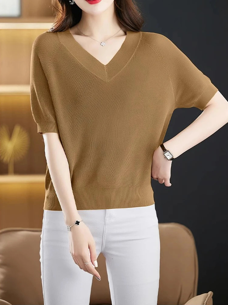 Summer Ice Silk Knitted Tops Women Casual Loose Vneck Thin Knitwear Tshirts Big Size 4xl Korean Short Sleeve Pullover Tee 260306