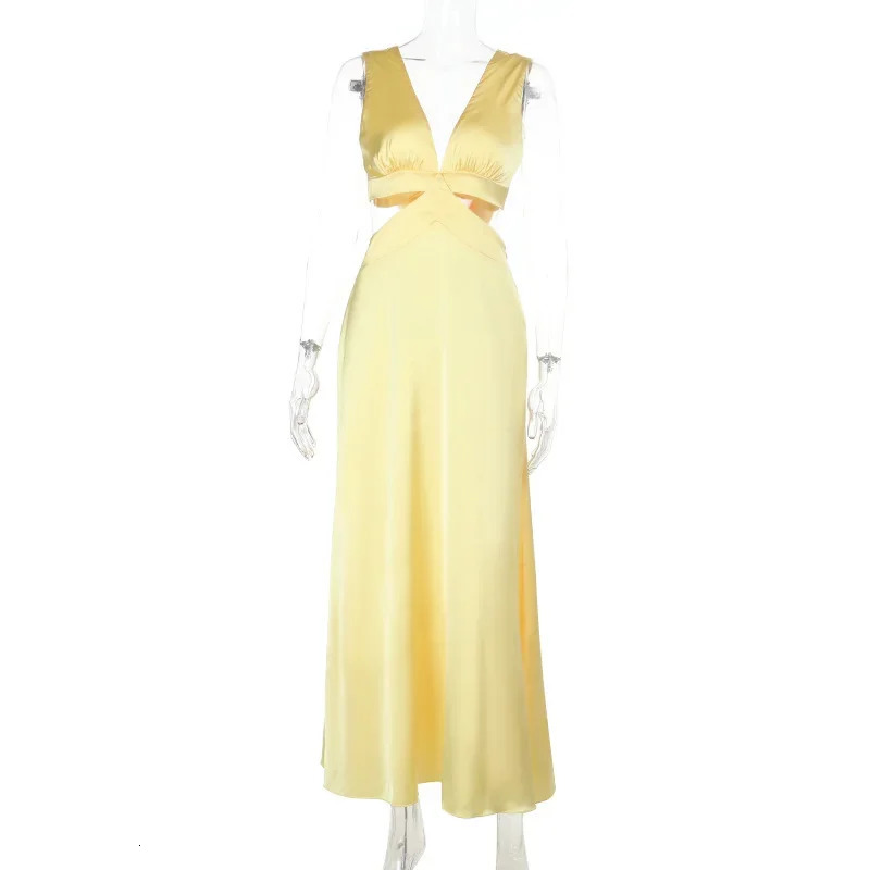 Deep V neck Hollow Long Dress Female Sleeveless Slit Beach Vacation Solid Color High Waist Bodycon Womens 260306