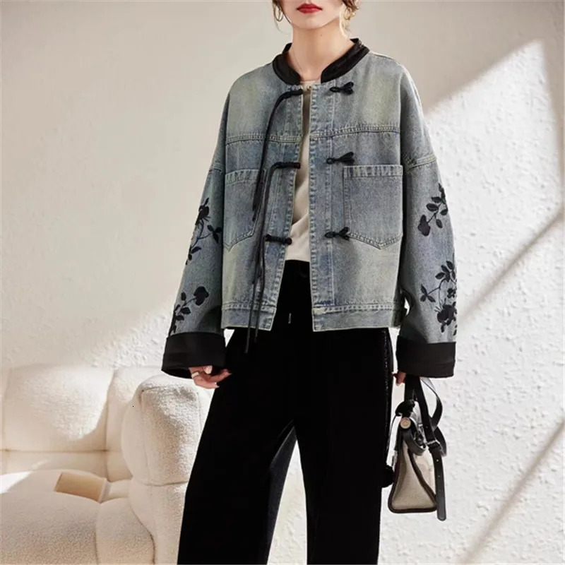 Vintage print Denim Jacket Women Spring Autumn fashion Long sleeve Jeans Short Coat female Loose Cowboy Outwear T167 260306