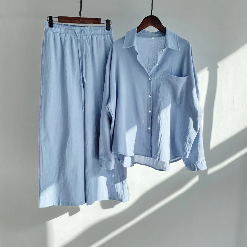 Large Size Two-piece Suit Women Cotton Linen Sets Long-sleeved Blouse Shirt Wide-leg Trousers Spring Summer Loose 2-piece Sets 260304