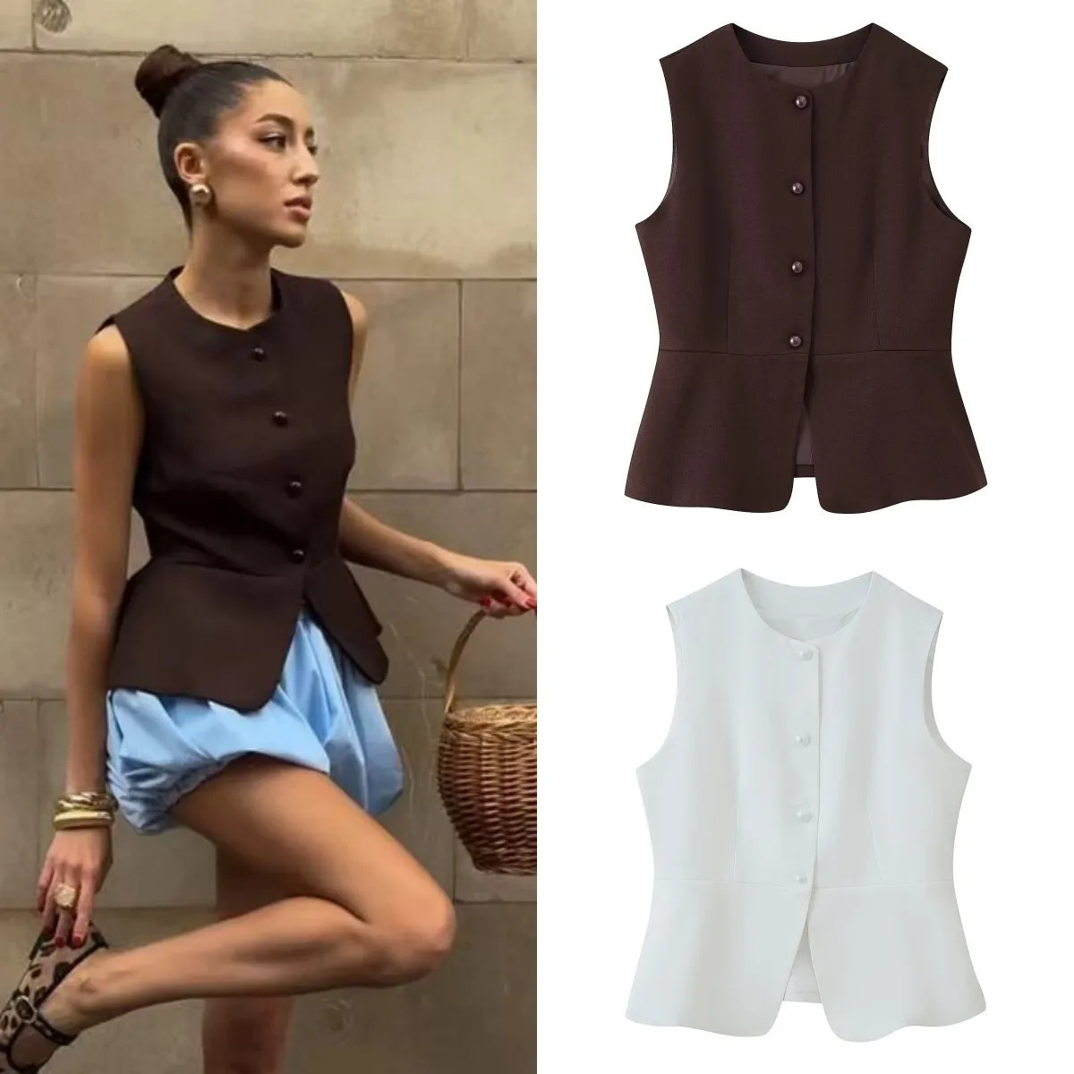 ETJ Autumn womens elegant fashion solid color round neck vest temperament versatile button up 260306