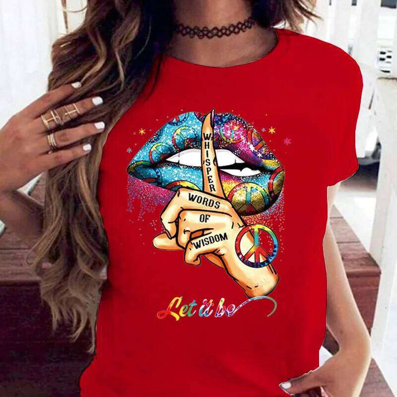 COTTON 100% Loose Crew-neck Creative Mouth Short-sleeved T-shirt Woman Oversized T Shirt Tops Aesthetic Clothes XJ260306 XJ260306