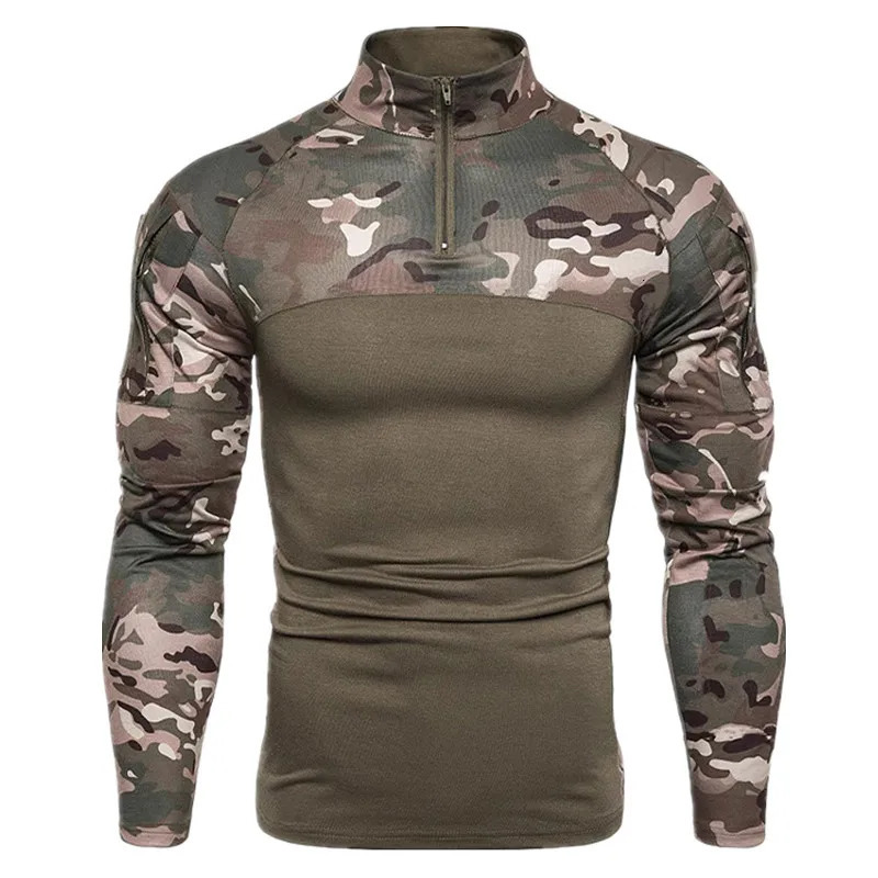 Men Outdoor Elastic Fitness Camo Patchwork Long Sleeve T Shirt Y2K Mens Zip Up Pocket Gym Tactical Shirts Ropa Hombre Camiseta 260302