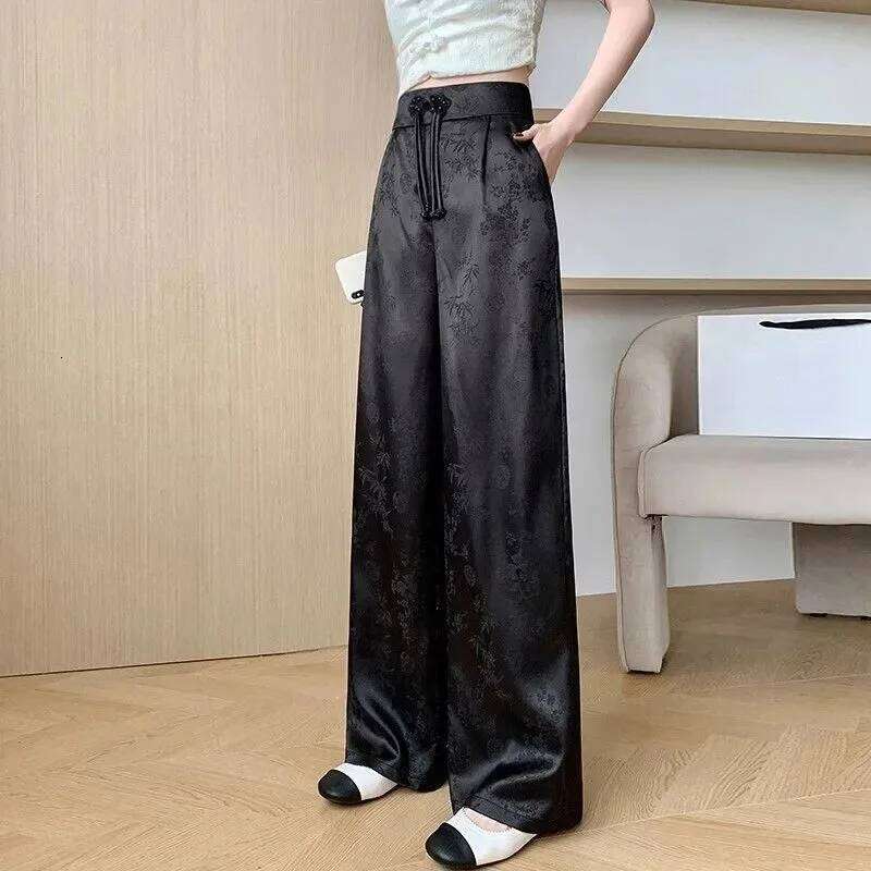 Mardi Hefxessdr New National Trend Button Embroidered Satin Wide Leg Pants Women's Casual High Waist Slimming Drapey Long Trousers style pants wo