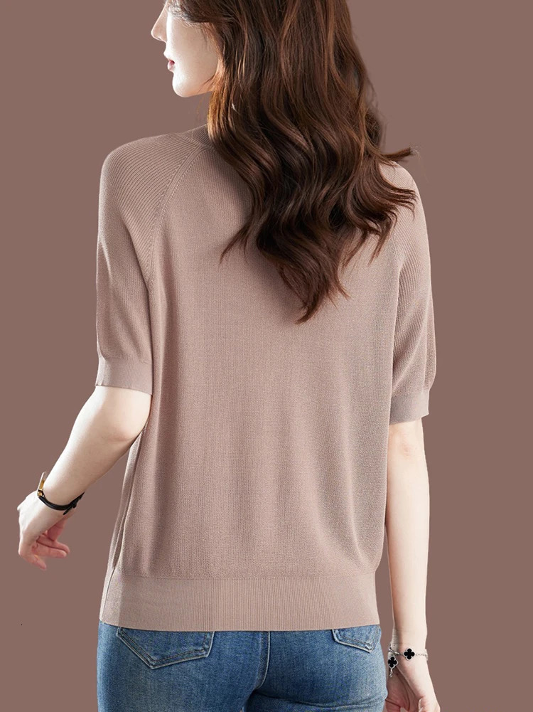 Summer Ice Silk Knitted Tops Women Casual Loose Vneck Thin Knitwear Tshirts Big Size 4xl Korean Short Sleeve Pullover Tee 260306