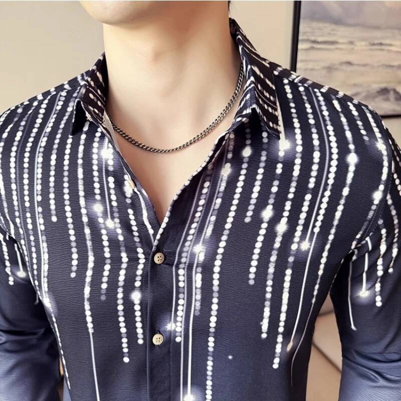 Men's Gradient Pleated Printed High-quality and Fashionable Social Dress Shirt Casual Slim Fit Long Sleeved