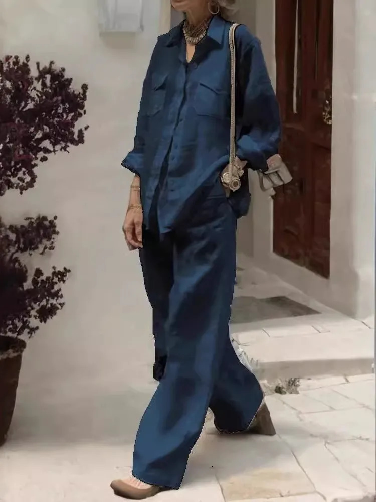 Fashion Solid Cotton Linen Shirt 2 Piece Set For Women Autumn Long Sleeve Blouse Top Pockets Pants Suit Female Casual Outfits 260304