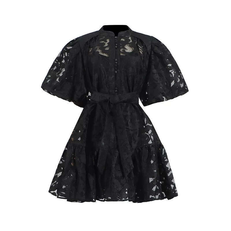 2026 new women's European and American niche a3 retro palace style lantern sleeves jacquard loose tie short skirt