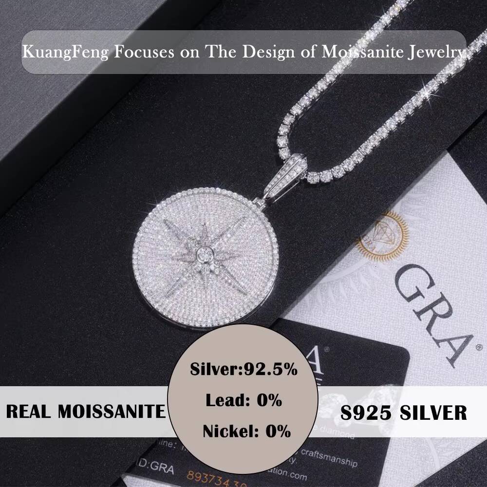 6342CTW Moissanite Pendant Hip Hop Style Full Pave Star Compass Design 925 Sterling Silver 18K Gold Plated for Men and Women