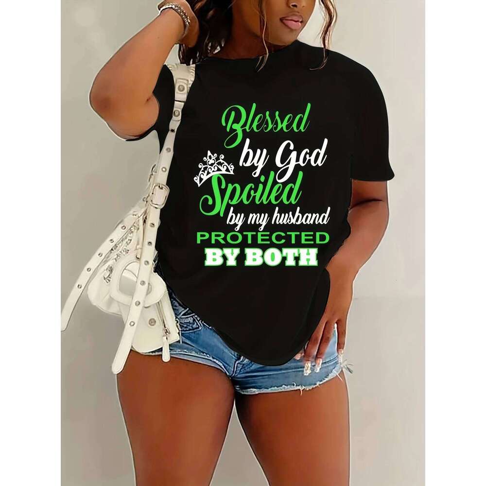 "Blessed God, Spoiled By My Husband" Print Women'S Casual Graphic Tee 2026 New Short Sleeve Round Neck Summer Funny T-Shirt XJ260306