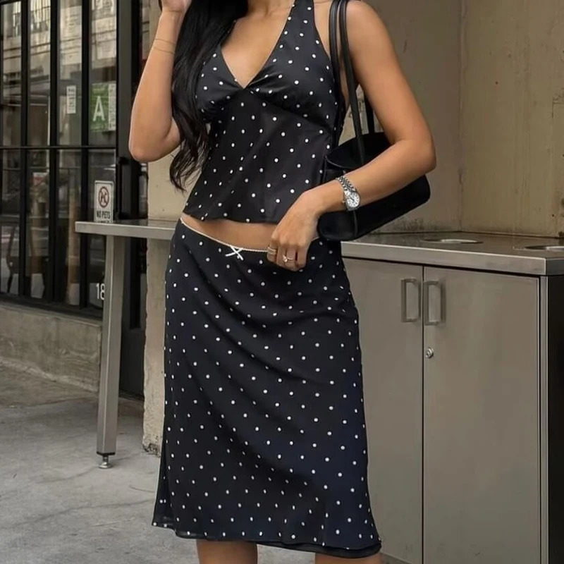 YENKYE Women Vintage Black White Polka Dot A-line Knee Length Skirt Sexy Low Waist Holiday Summer Skirts 260306