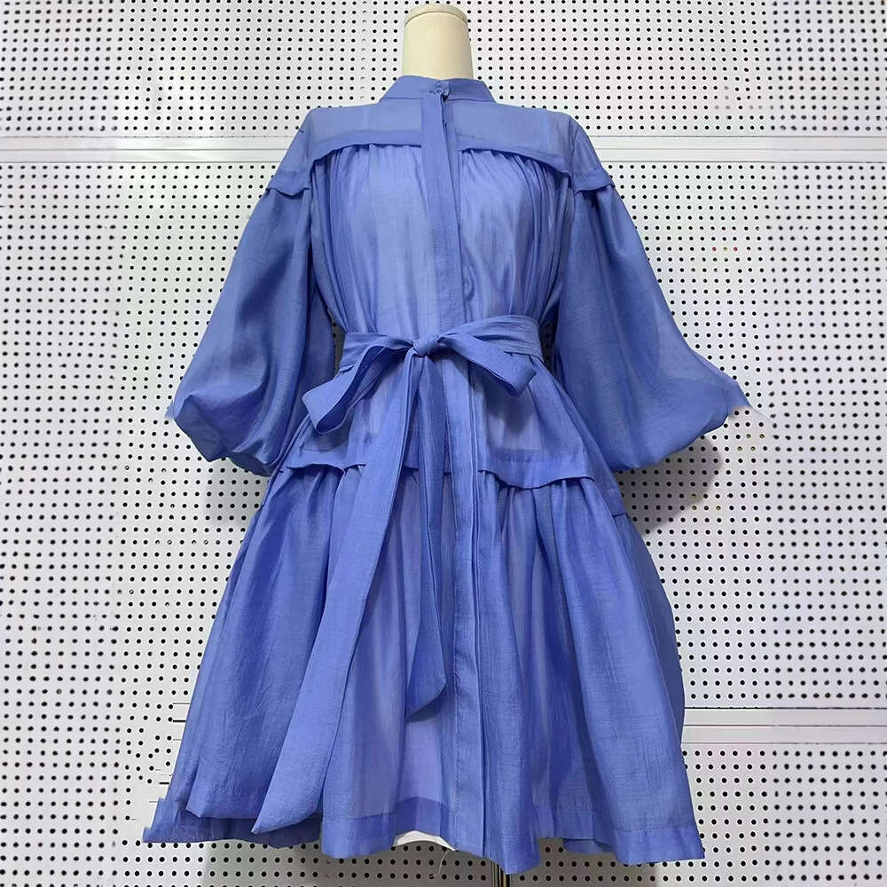 2026 women's solid color transparent hard yarn stand collar tied A1 waist dress autumn fashion loose pleated fluffy skirt